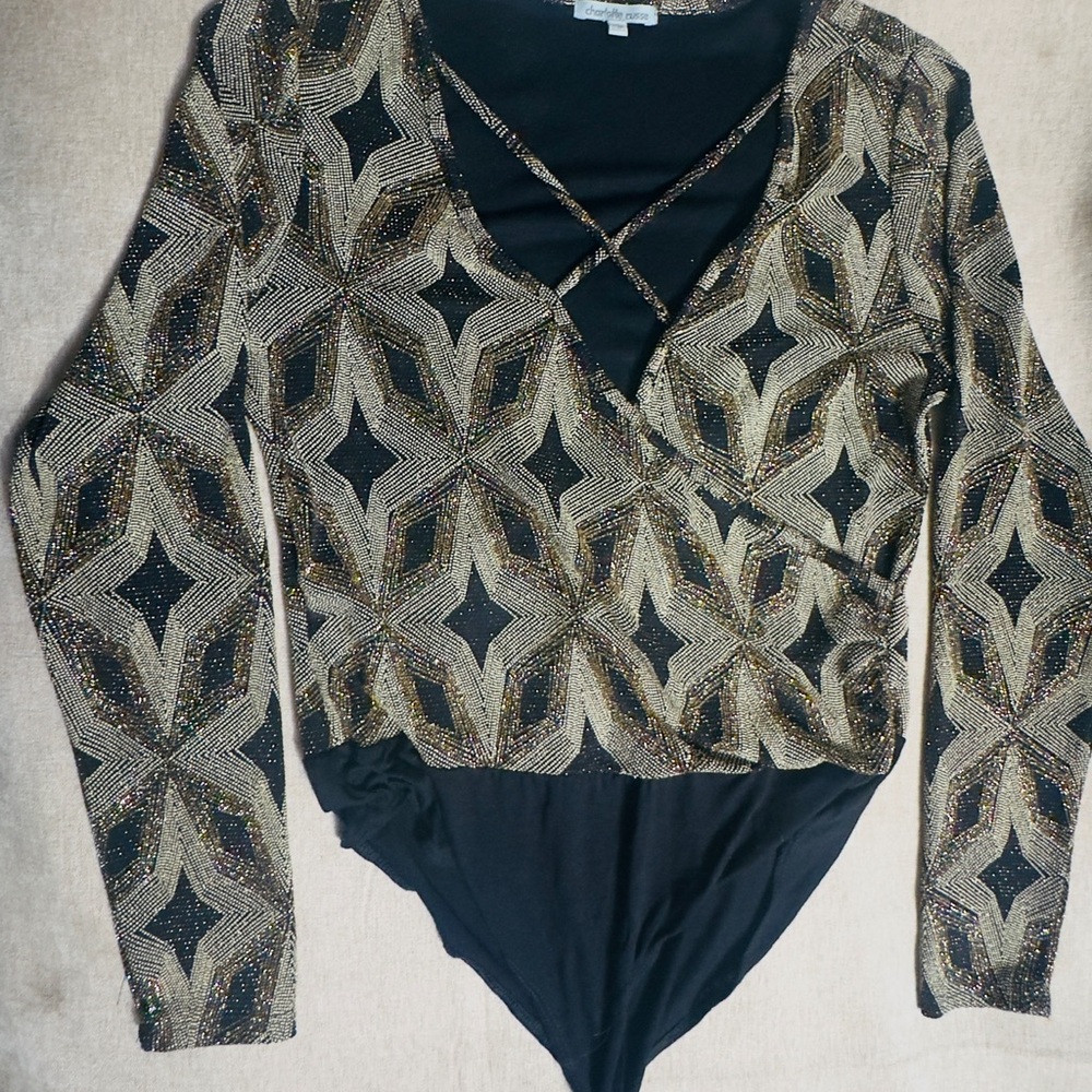 Charlotte Russe Black and Gold Long-Sleeve Wrap Bodysuit
